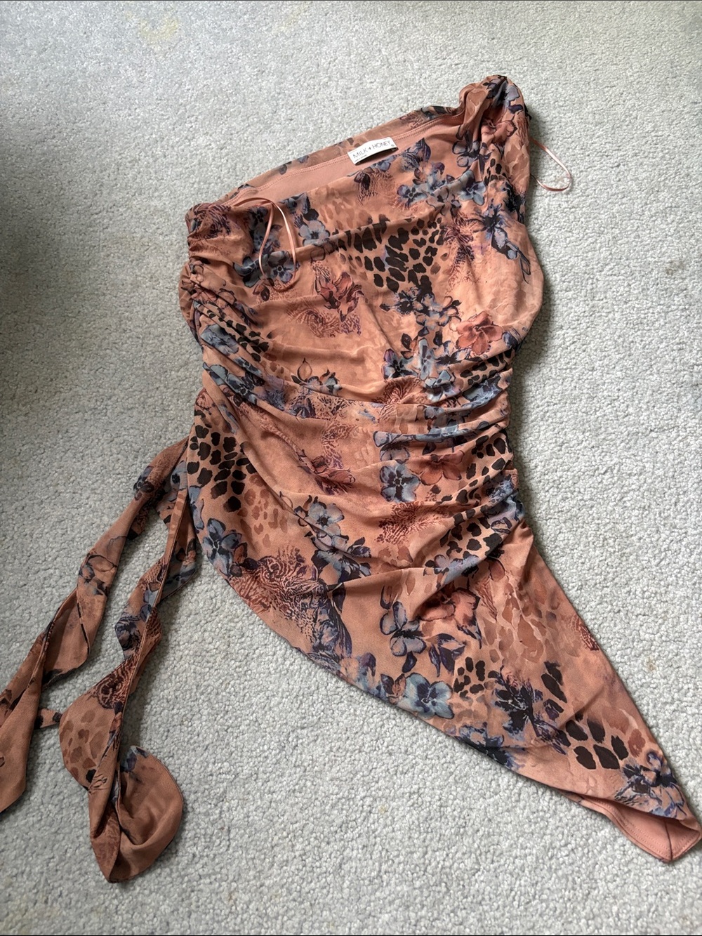 Ruched One-Shoulder Floral Tank Top - Rust Floral Asymmetrical